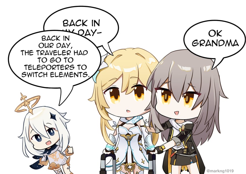 lumine, trailblazer, stelle, and paimon (genshin impact and 3 more) drawn by mark1019