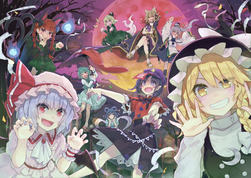 kirisame marisa, remilia scarlet, kaenbyou rin, tatara kogasa, toyosatomimi no miko, and 4 more (touhou) drawn by syuri22