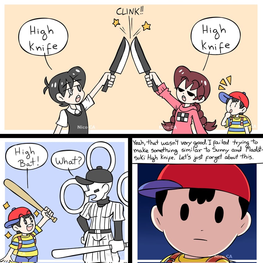 sunny, madotsuki, ness, the batter, and add-on (omori and 5 more) drawn by nico-ca