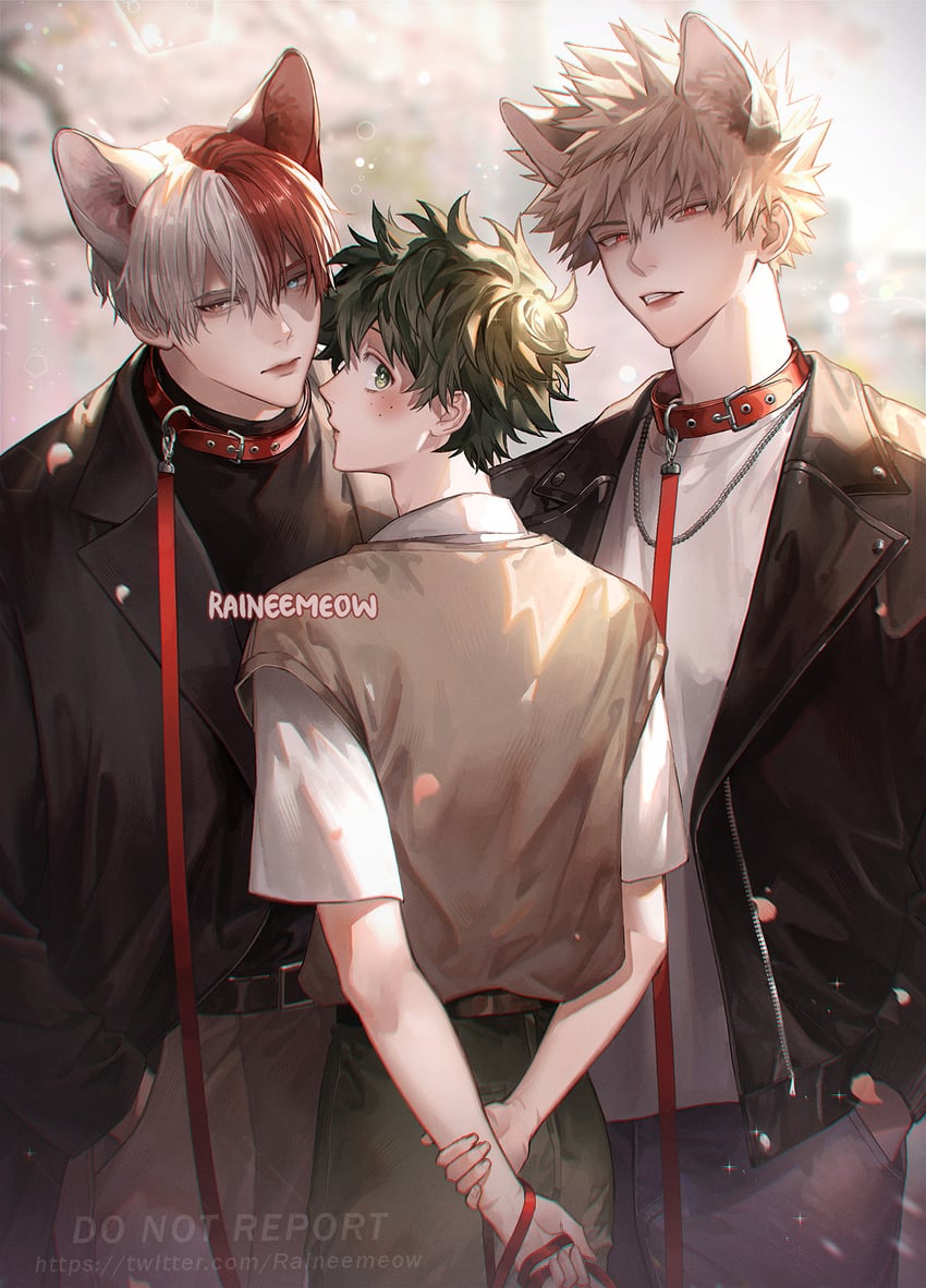 midoriya izuku, bakugou katsuki, and todoroki shoto (boku no hero academia) drawn by raineemeow