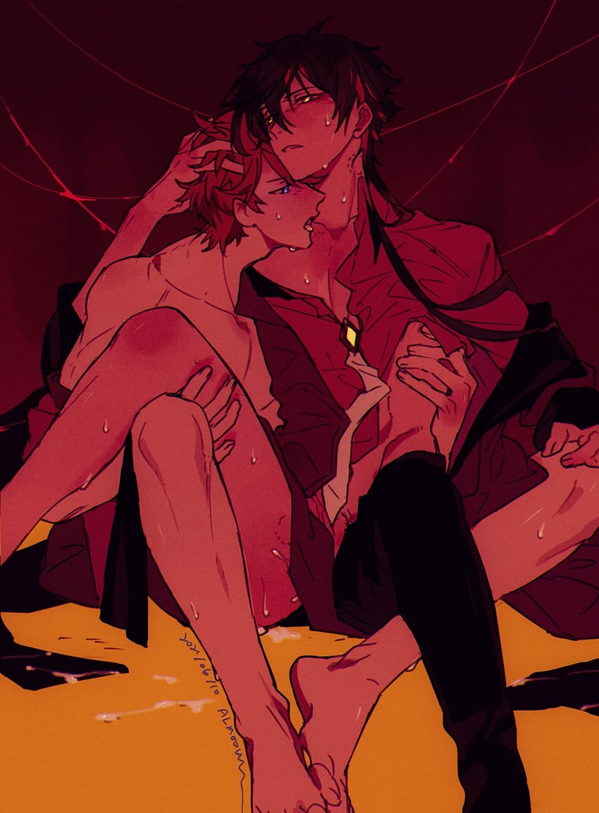 zhongli and tartaglia (genshin impact) drawn by almoonnn