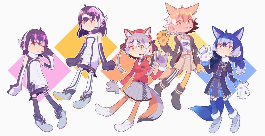 humboldt penguin, island fox, coyote, african penguin, and dire wolf (kemono friends and 1 more) drawn by hauru_252
