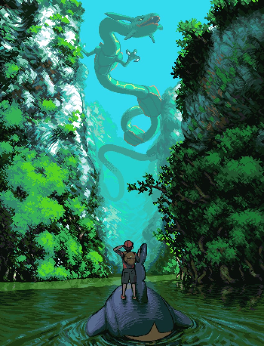 brendan, rayquaza, and sharpedo (pokemon and 1 more) drawn by hby_stuff