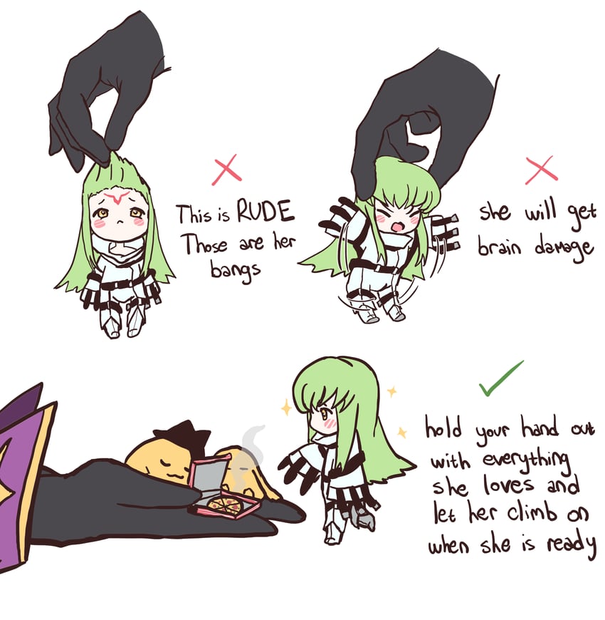 c.c., lelouch vi britannia, and cheese-kun (code geass) drawn by budgiepon