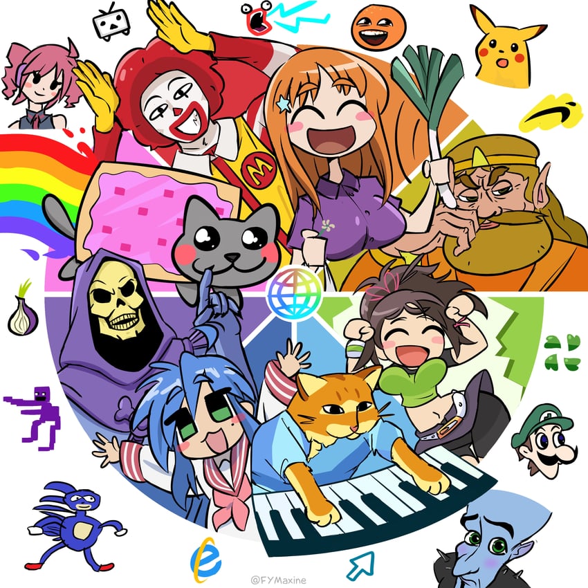 pikachu, kasane teto, izumi konata, sonic the hedgehog, luigi, and 12 more (pokemon and 20 more) drawn by fymaxine