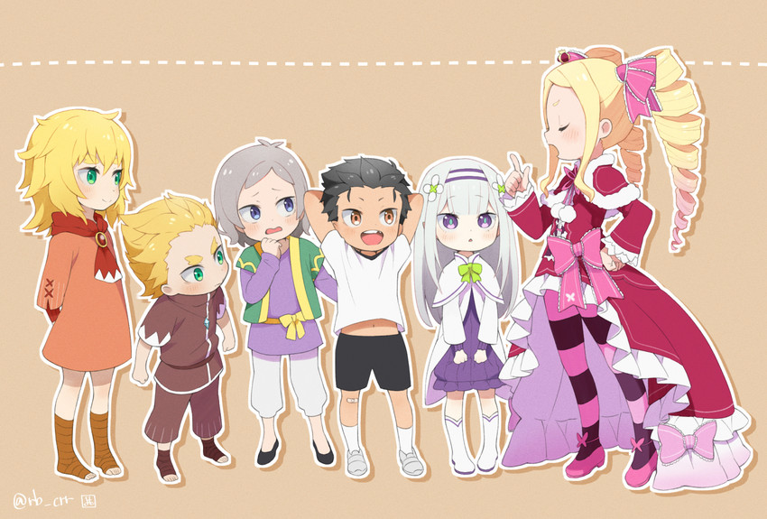 emilia, natsuki subaru, beatrice, frederica baumann, otto suewen, and 1 more (re:zero kara hajimeru isekai seikatsu) drawn by yomo_(rb_crr)