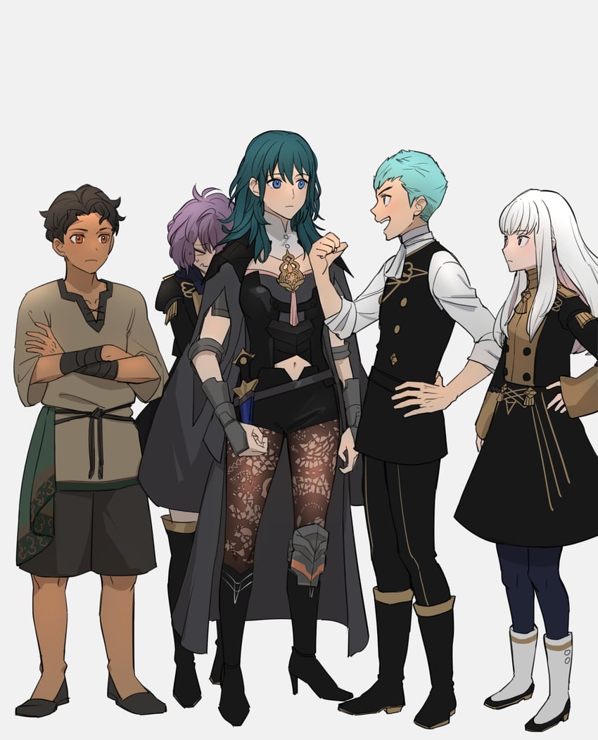 female byleth, lysithea von ordelia, bernadetta von varley, caspar von bergliez, and cyril (fire emblem and 1 more) drawn by shishima_eichi