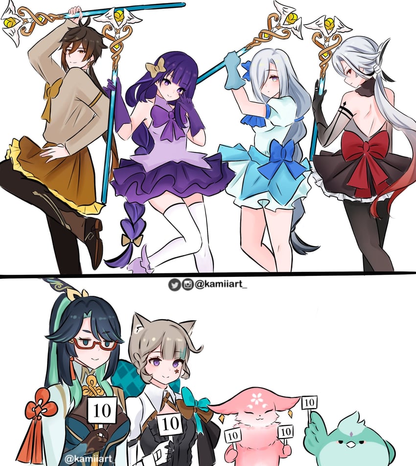 raiden shogun, yae miko, zhongli, shenhe, arlecchino, and 3 more (genshin impact) drawn by kamiiart