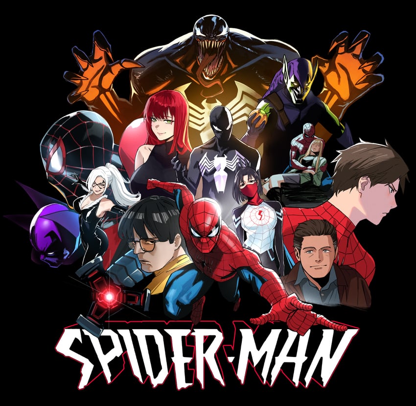 spider-man, gwen stacy, venom, peter parker, miles morales, and 9 more (marvel and 1 more) drawn by mugi_(mugit49)