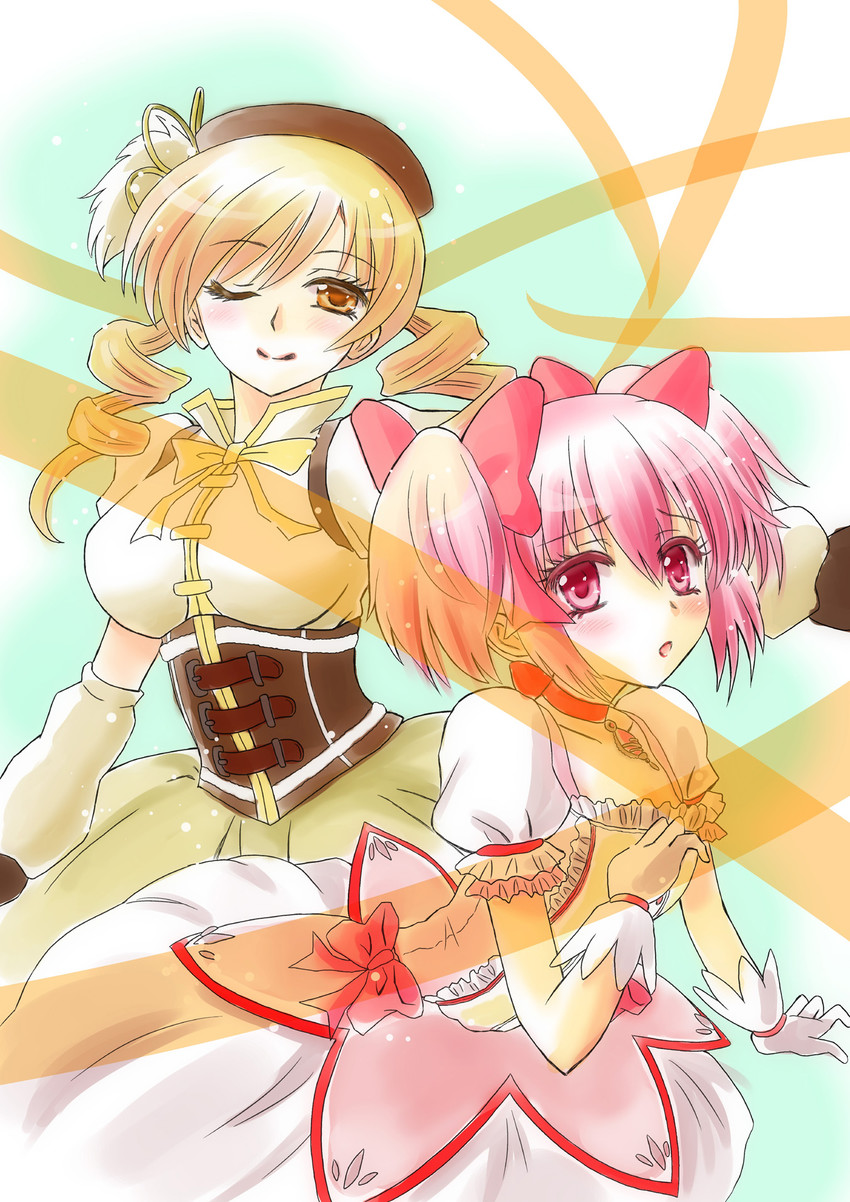 kaname madoka and tomoe mami (mahou shoujo madoka magica) drawn by kosei_(nick_miko)