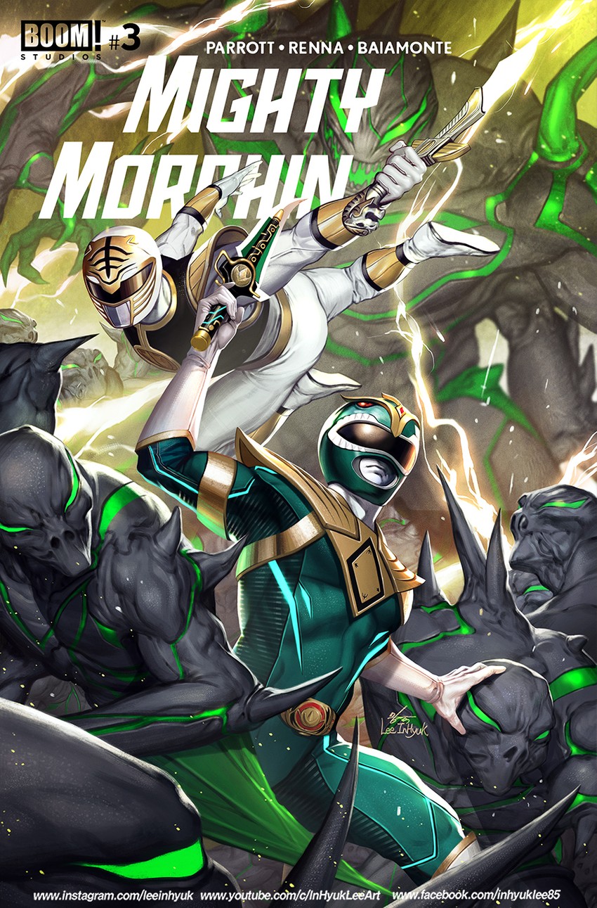dragon ranger, mighty morphin green ranger, kiba ranger, and mighty morphin white ranger (super sentai and 5 more) drawn by in-hyuk_lee