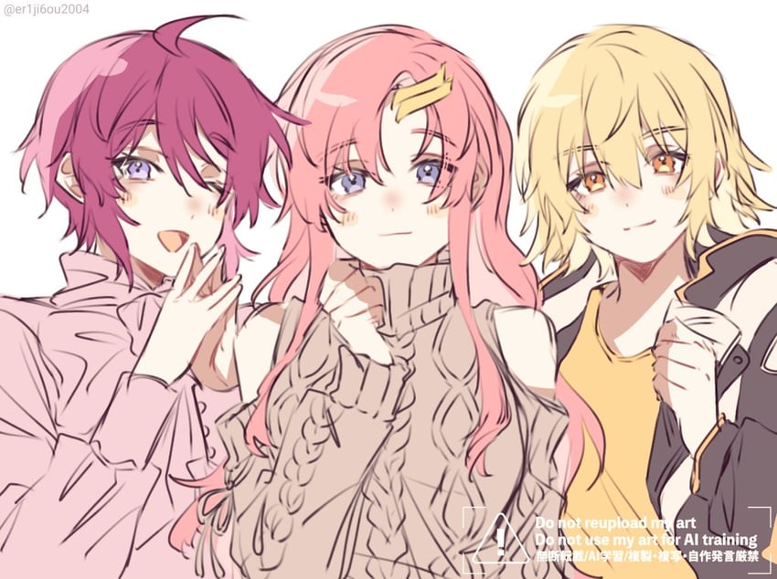 cagalli yula athha, lacus clyne, and lunamaria hawke (gundam and 2 more) drawn by er1ji6ou2004