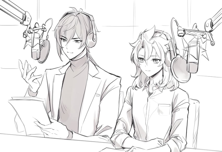 zhongli, albedo, maeno tomoaki, and nojima kenji (genshin impact) drawn by 0jae