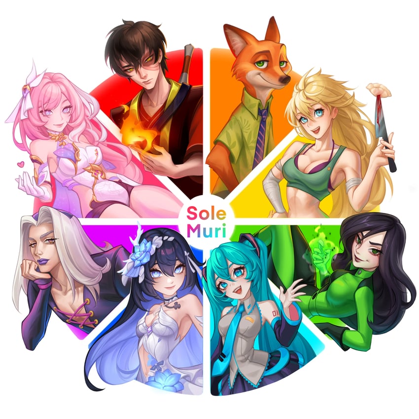 hatsune miku, seele vollerei, elysia, leone abbacchio, nikaidou, and 3 more (vocaloid and 9 more) drawn by solemuri