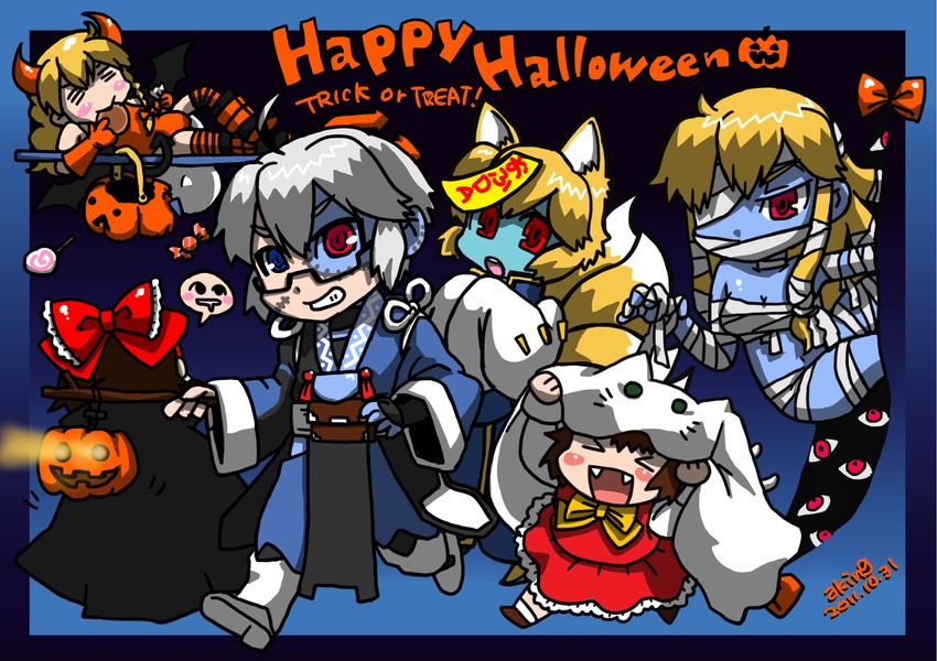 hakurei reimu, kirisame marisa, yakumo yukari, yakumo ran, chen, and 1 more (touhou) drawn by aking