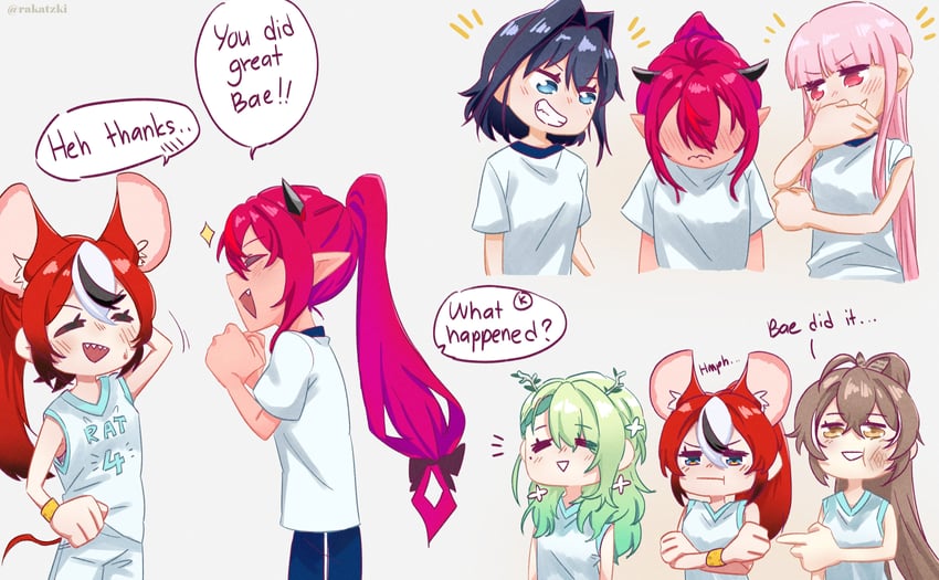 mori calliope, ouro kronii, nanashi mumei, hakos baelz, ceres fauna, and 1 more (hololive and 1 more) drawn by rakatzki