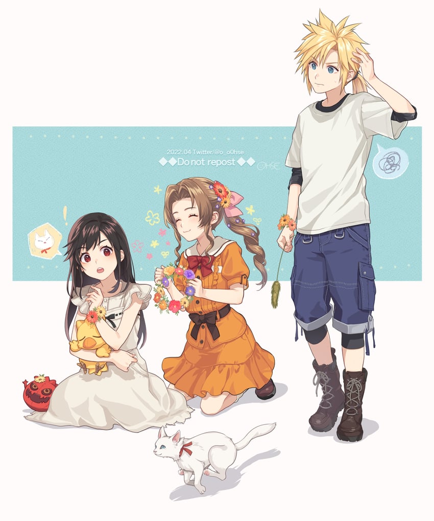tifa lockhart, cloud strife, aerith gainsborough, and bomb (final fantasy and 2 more) drawn by ohse