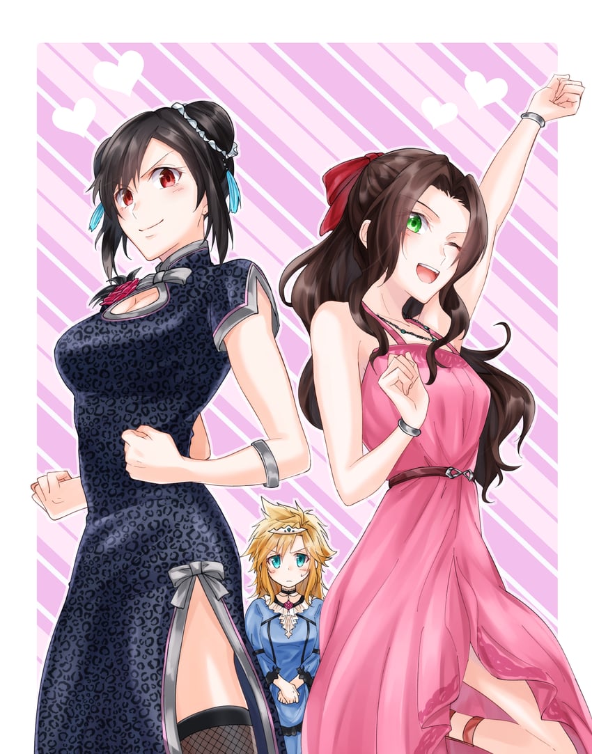 tifa lockhart, cloud strife, and aerith gainsborough (final fantasy and 2 more) drawn by mizuamememe