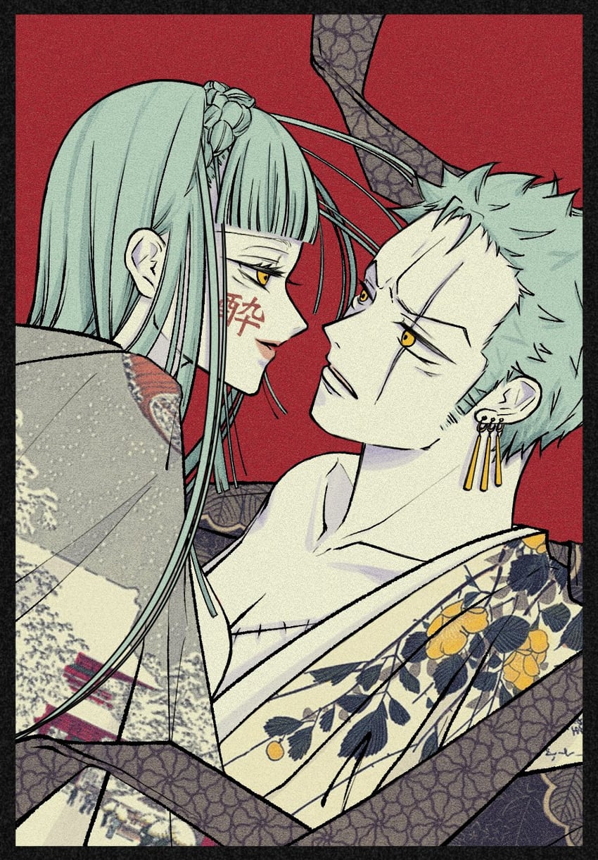 roronoa zoro and kouzuki hiyori (one piece) drawn by sskw_mm