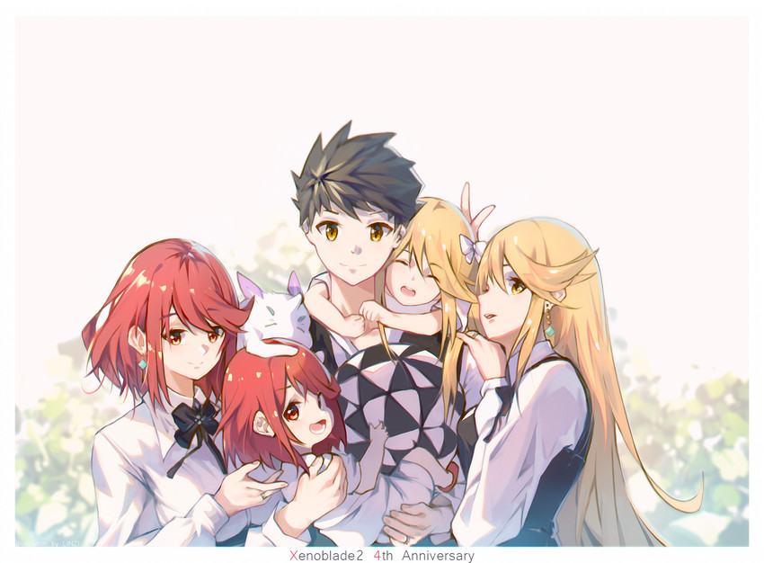 pyra, mythra, rex, and azurda (xenoblade chronicles and 1 more) drawn by linzi
