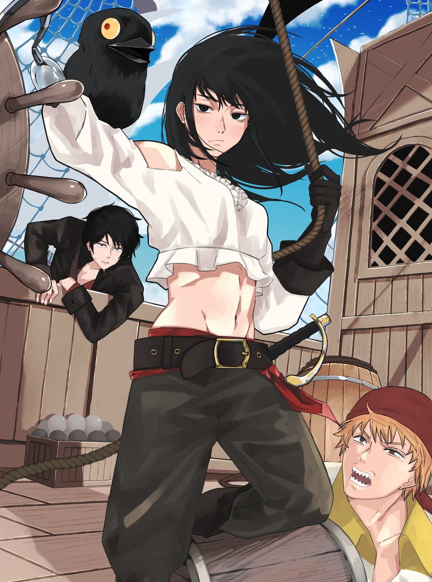 denji, mitaka asa, and war devil (chainsaw man) drawn by dakaeya