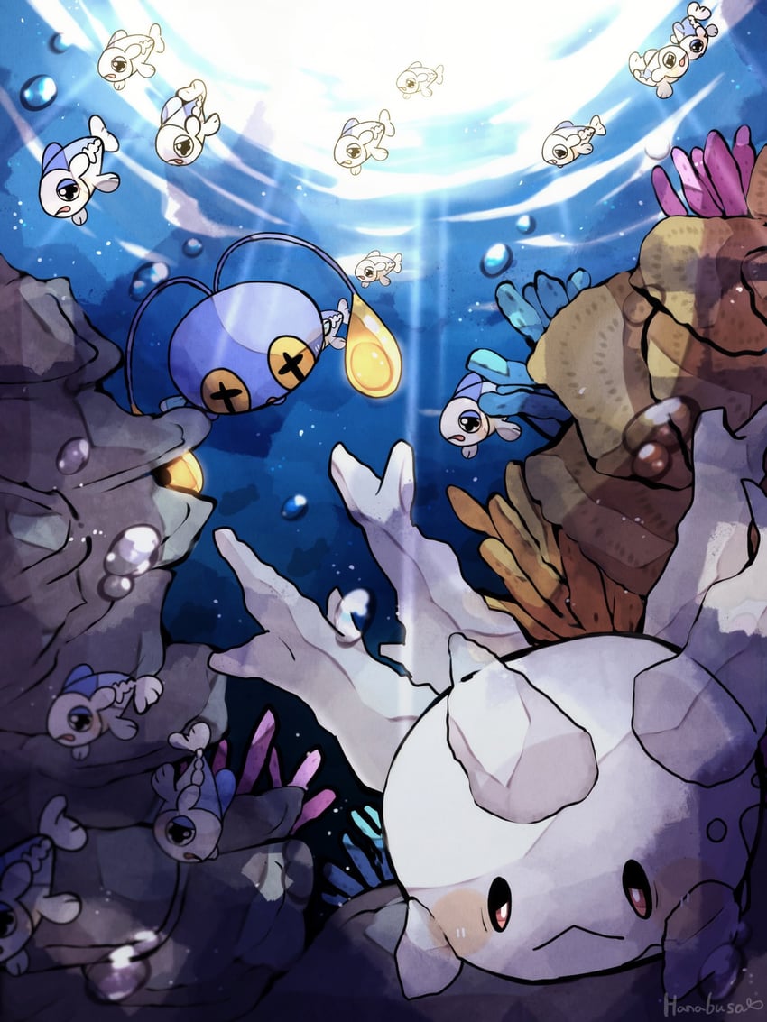 wishiwashi, chinchou, and galarian corsola (pokemon) drawn by hanabusaoekaki