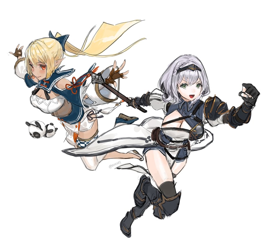 shirogane noel and shiranui flare (hololive) drawn by b.c.n.y.