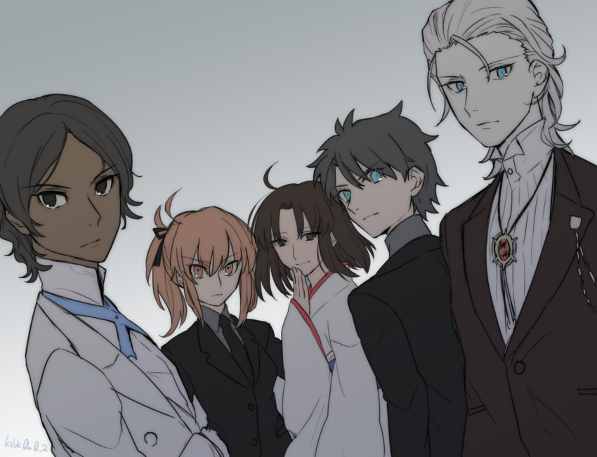 fujimaru ritsuka, ryougi shiki, void shiki, karna, and arjuna (fate and 1 more) drawn by kotobuki_(wk231414)