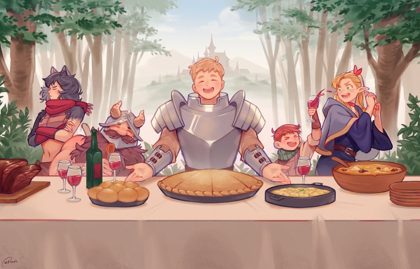 marcille donato, laios touden, senshi, chilchuck tims, and izutsumi (dungeon meshi and 1 more) drawn by pan_(pan_p)