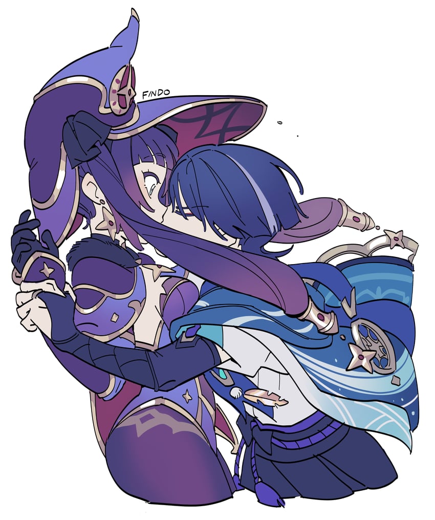 scaramouche, wanderer, and mona (genshin impact) drawn by findoworld