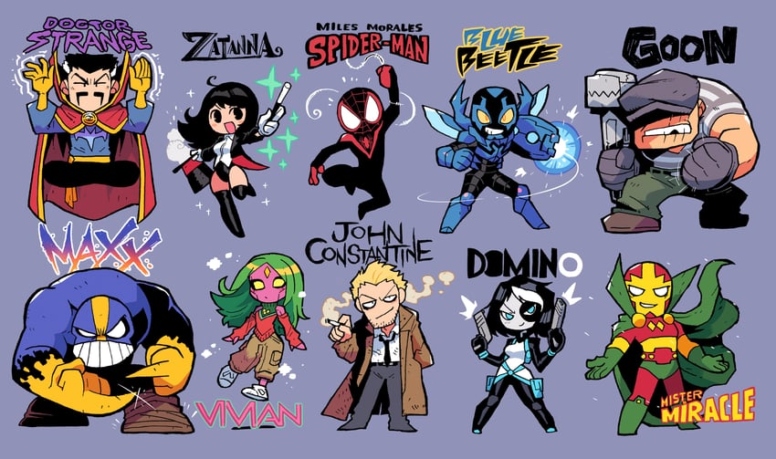 miles morales, spider-man, doctor strange, zatanna zatara, john constantine, and 6 more (marvel and 9 more) drawn by rariatto_(ganguri)