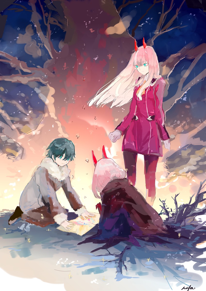 zero two and hiro (darling in the franxx) drawn by nata_(geme8)