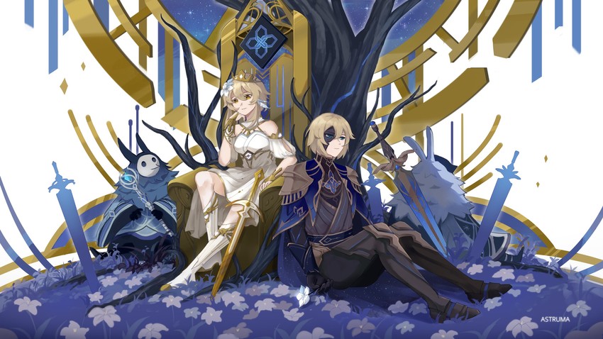 lumine, dainsleif, and abyss mage (genshin impact) drawn by astruma2