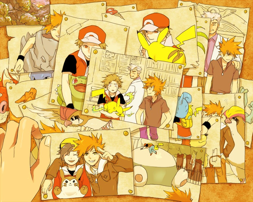 pikachu, red, ethan, blue oak, charizard, and 13 more (pokemon and 2 more) drawn by yorozuame