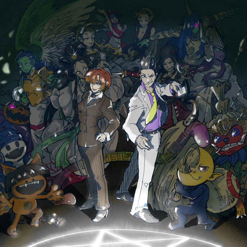 jack frost, pixie, pyro jack, yoshitsune, obariyon, and 11 more (shin megami tensei and 1 more) drawn by tori_(bromaticbrotrap)