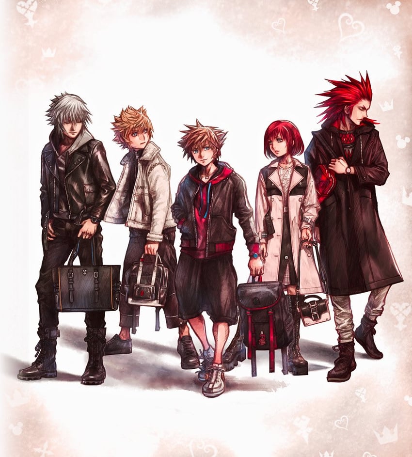 sora, roxas, kairi, riku, and axel (kingdom hearts and 1 more) drawn by nomura_tetsuya