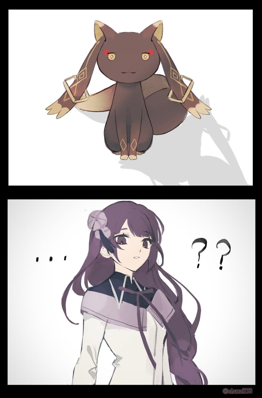 akemi homura, raiden shogun, zhongli, and kyubey (genshin impact and 1 more) drawn by shuzai233