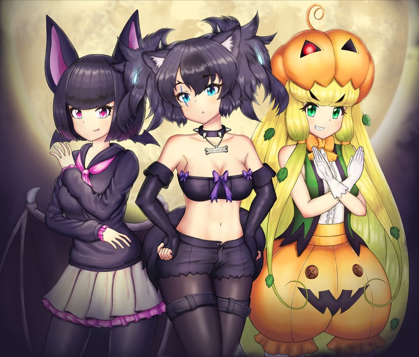 common vampire bat, cerberus, and jack-o'-lantern (kemono friends and 1 more) drawn by neukkom