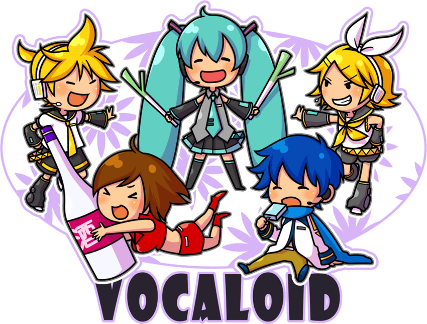 hatsune miku, kagamine rin, kagamine len, kaito, and meiko (vocaloid) drawn by kazuyuki_(ne-yo)