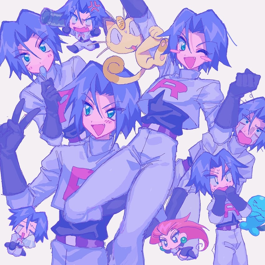 jessie, james, meowth, and wobbuffet (pokemon) drawn by ameya_(okemu_ame)