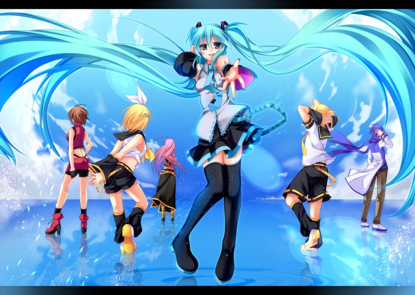 hatsune miku, kagamine rin, kagamine len, megurine luka, kaito, and 1 more (vocaloid) drawn by sayo_wini
