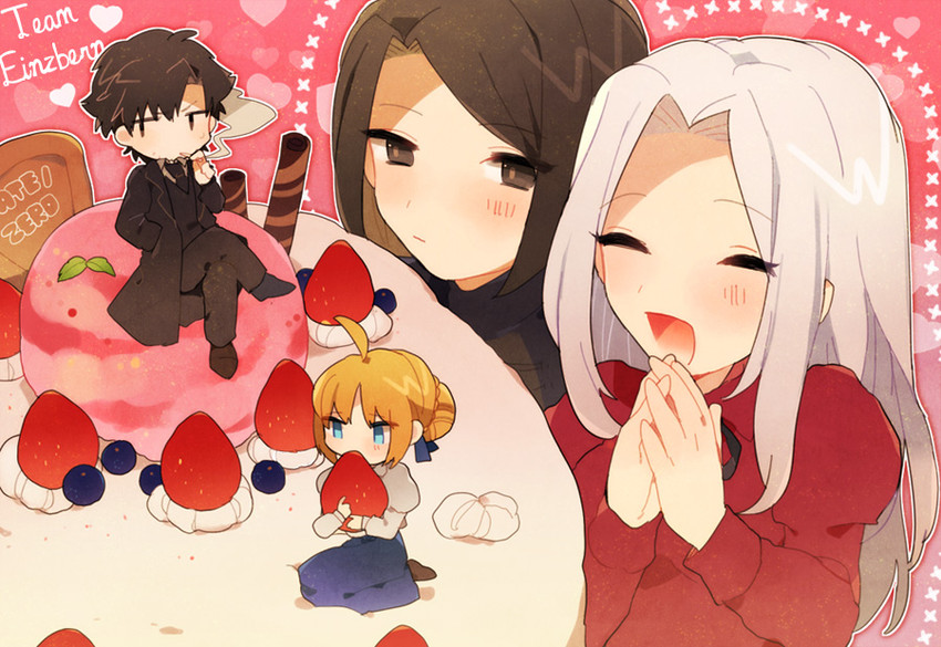 artoria pendragon, saber, emiya kiritsugu, irisviel von einzbern, and hisau maiya (fate and 1 more) drawn by miyako_(xxxbibit)