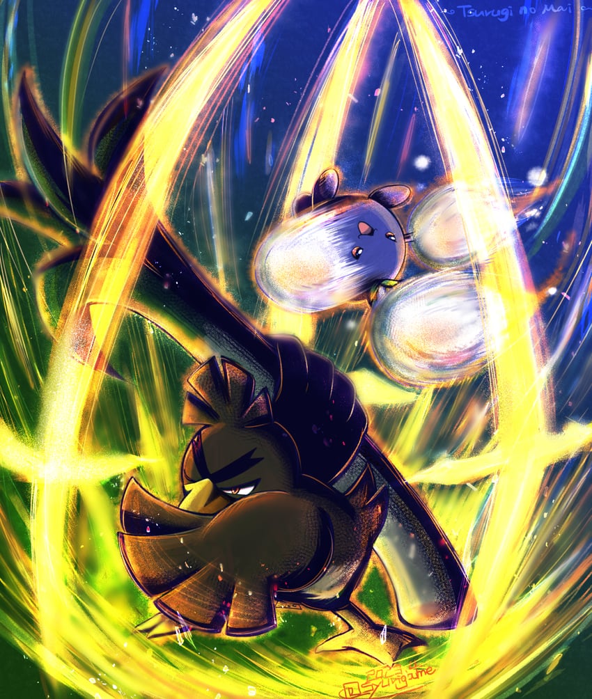 jumpluff and galarian farfetch'd (pokemon) drawn by shuri_(syurigame)