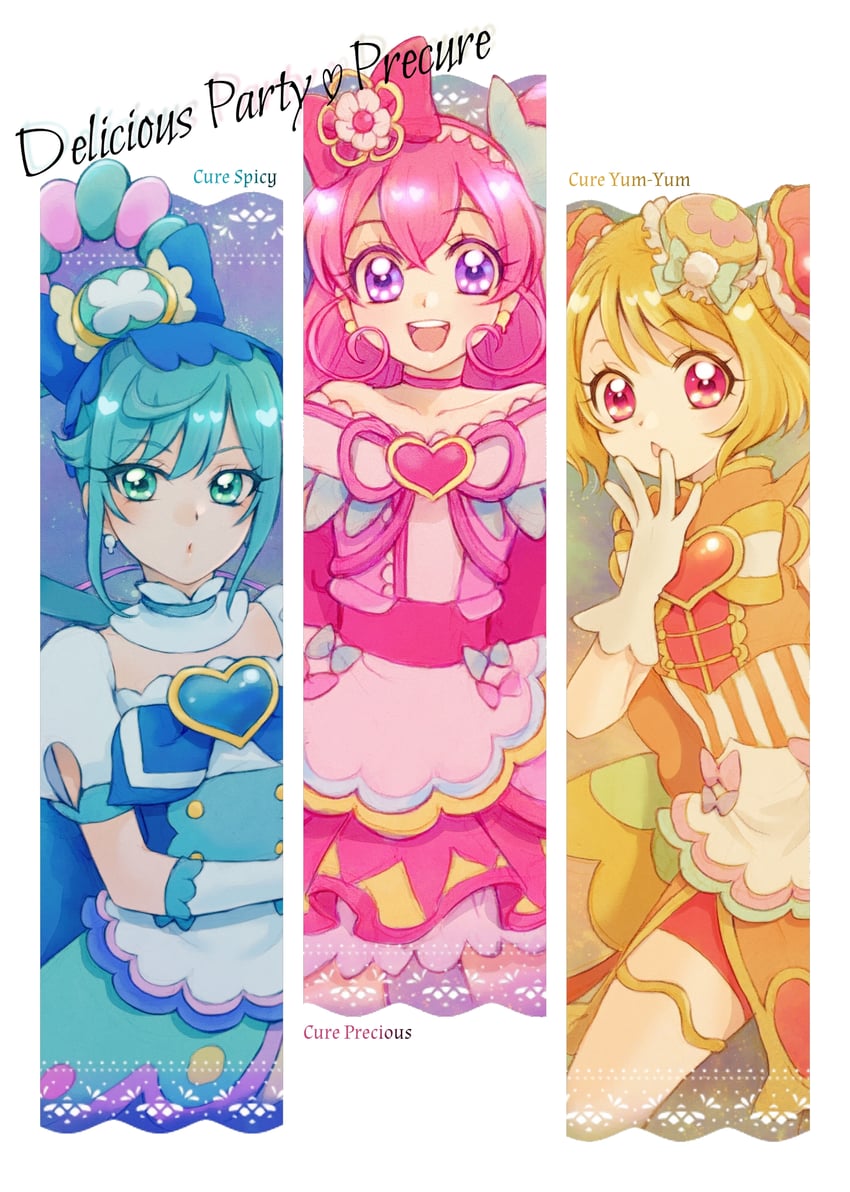 nagomi yui, fuwa kokone, hanamichi ran, cure precious, cure spicy, and 1 more (precure and 1 more) drawn by aizen_(syoshiyuki)