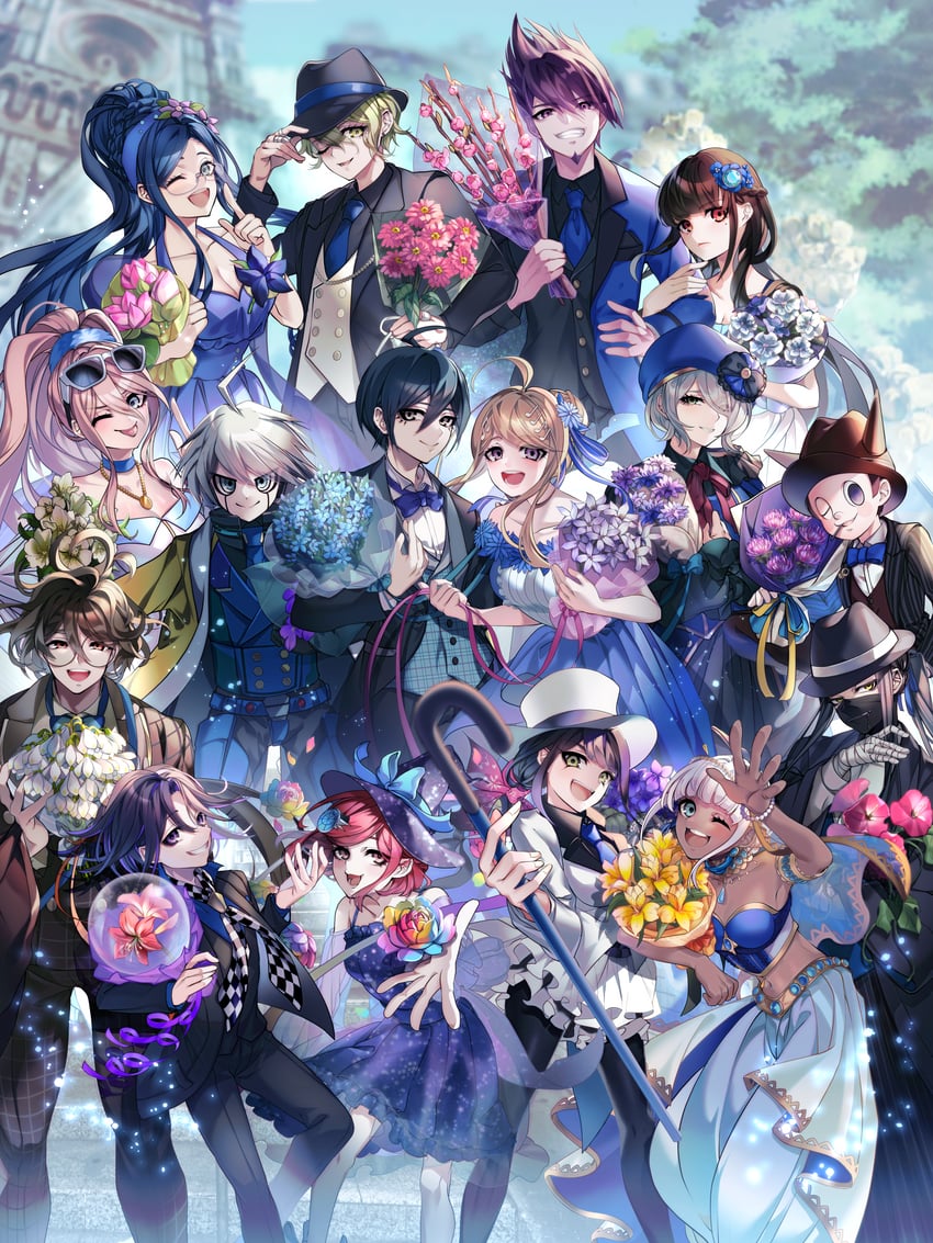 oma kokichi, saihara shuichi, akamatsu kaede, harukawa maki, momota kaito, and 11 more (danganronpa and 1 more) drawn by nota_sayaka