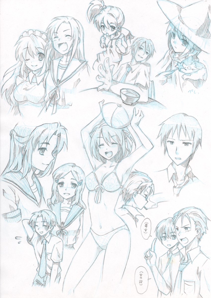 suzumiya haruhi, nagato yuki, asahina mikuru, kyon, asakura ryoko, and 9 more (suzumiya haruhi no yuuutsu) drawn by naiya