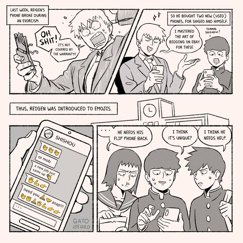 kageyama shigeo, reigen arataka, kageyama ritsu, and kurata tome (mob psycho 100) drawn by gatoiberico