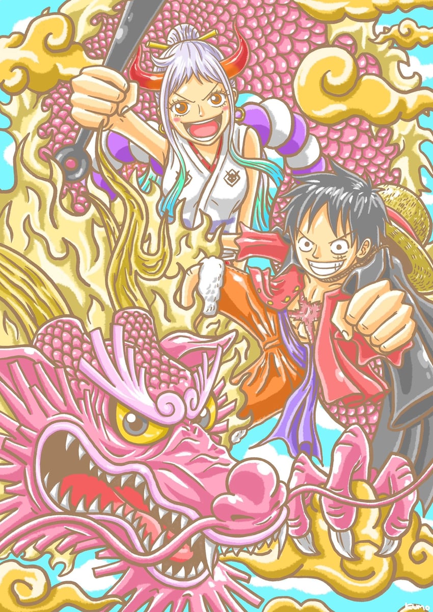monkey d. luffy, yamato, and kouzuki momonosuke (one piece) drawn by kumo_d7