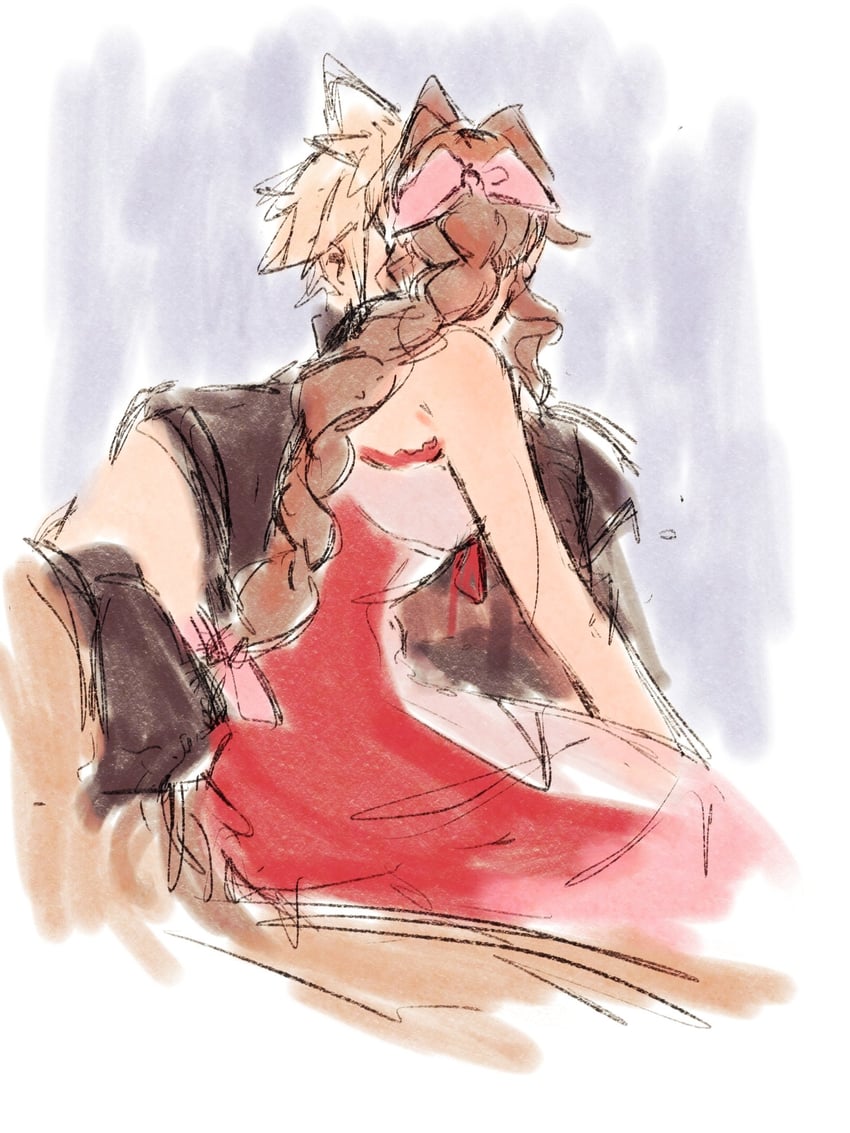 cloud strife and aerith gainsborough (final fantasy and 4 more) drawn by mmariesr