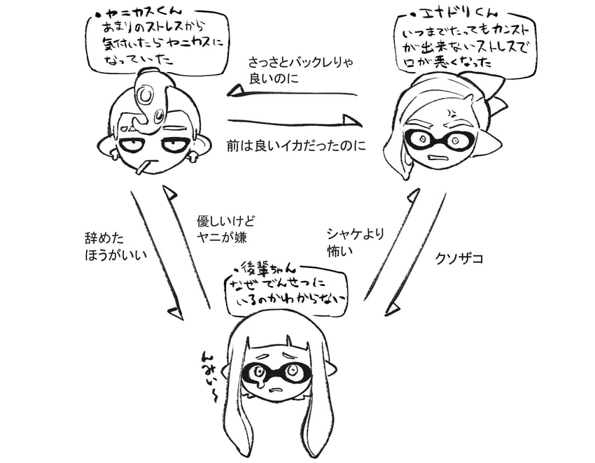 inkling player character, inkling girl, octoling player character, inkling boy, and octoling boy (splatoon and 1 more) drawn by iwamushi